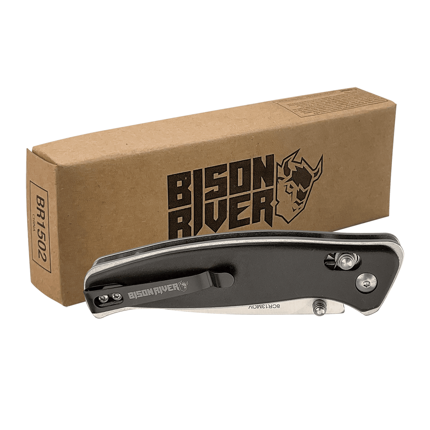 Bison River 4 1/2" Black Button Lock Folding Knife with Clip laser engravable