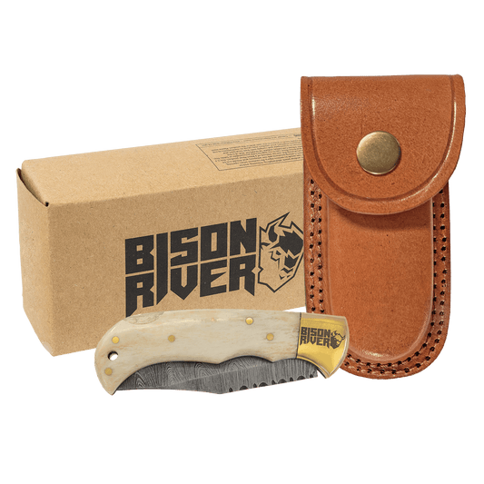 Bison River 3 3/4" Bone Folding Knife with Damascus Steel Blade and Leat laser engravable