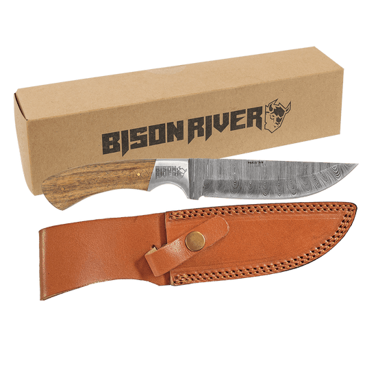 Bison River 9 1/2" Fixed Blade Wood Knife with Damascus Steel Blade and laser engravable