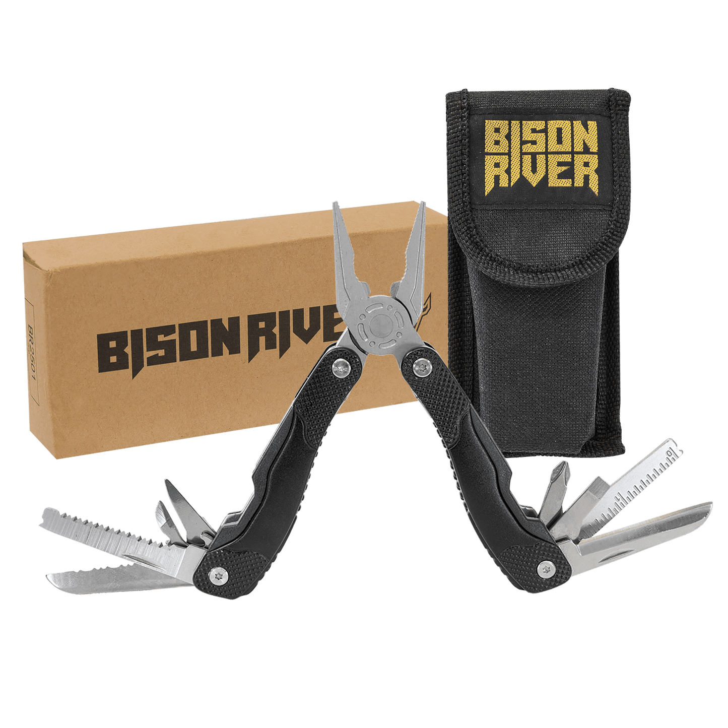 Bison River 4" Black 13 Function Multi Tool with Nylon Sheath laser engravable