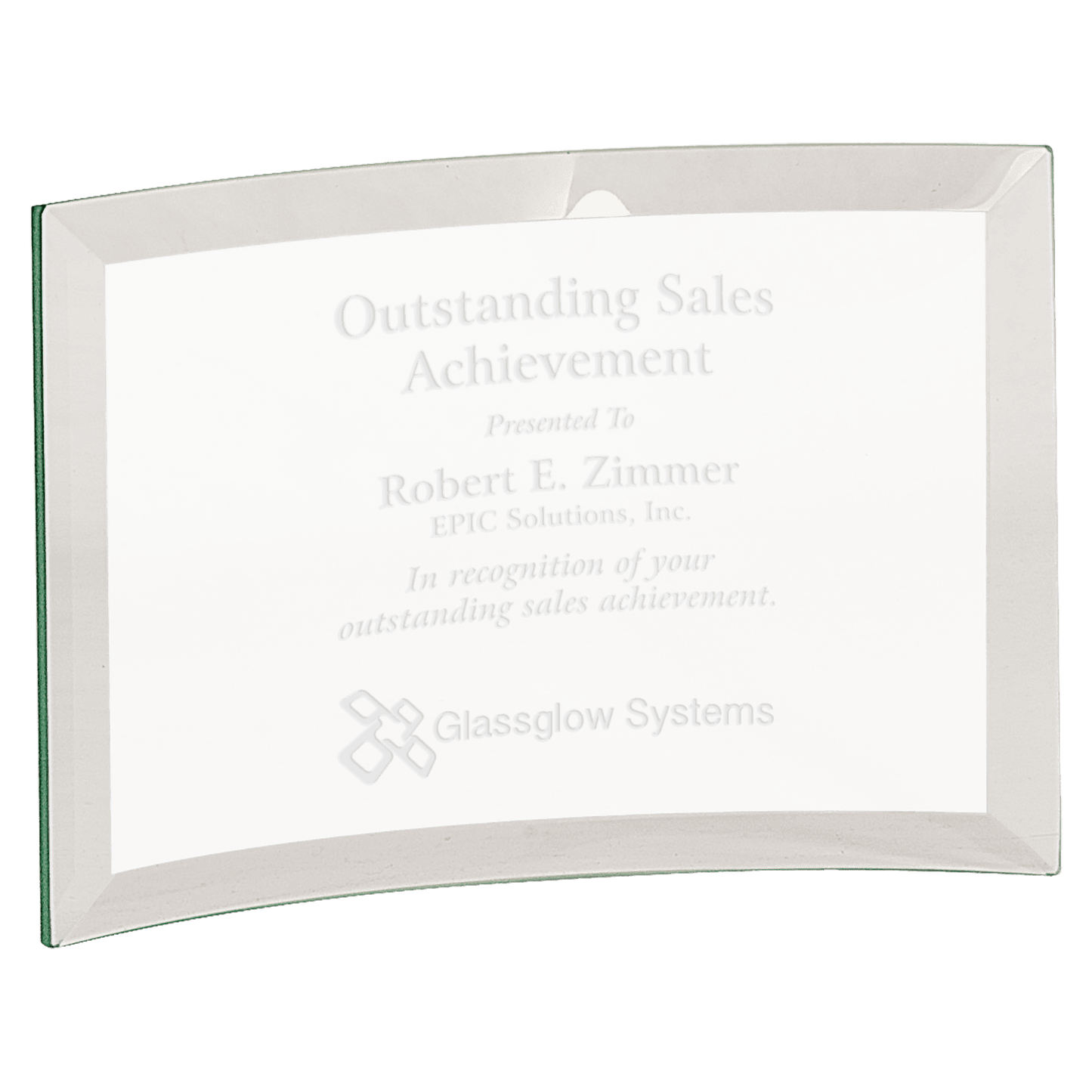 6" x 4" x 1/4" Beveled Jade Glass Crescent crystal award laser engravable