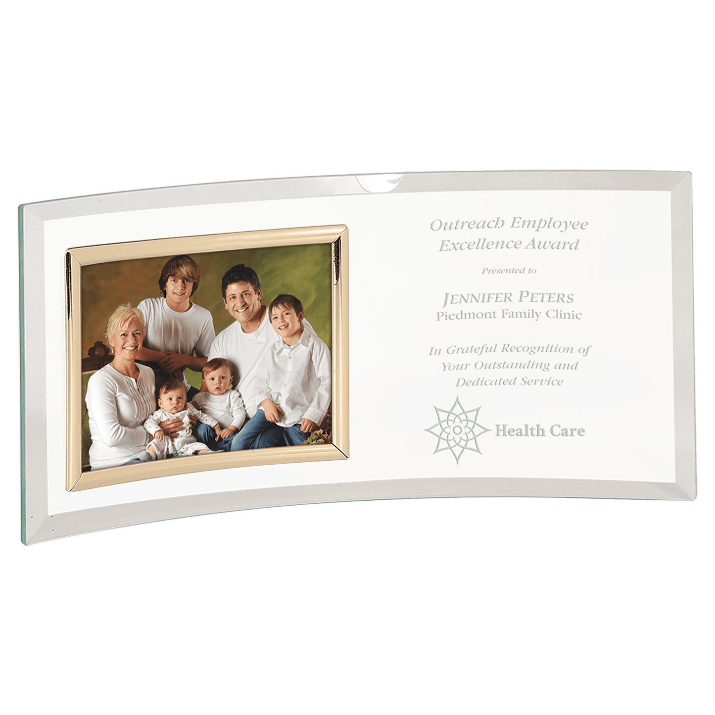 12" x 5 1/2" Jade Glass Crescent with 5" x 3 1/2" Picture Frame crystal award laser engravable