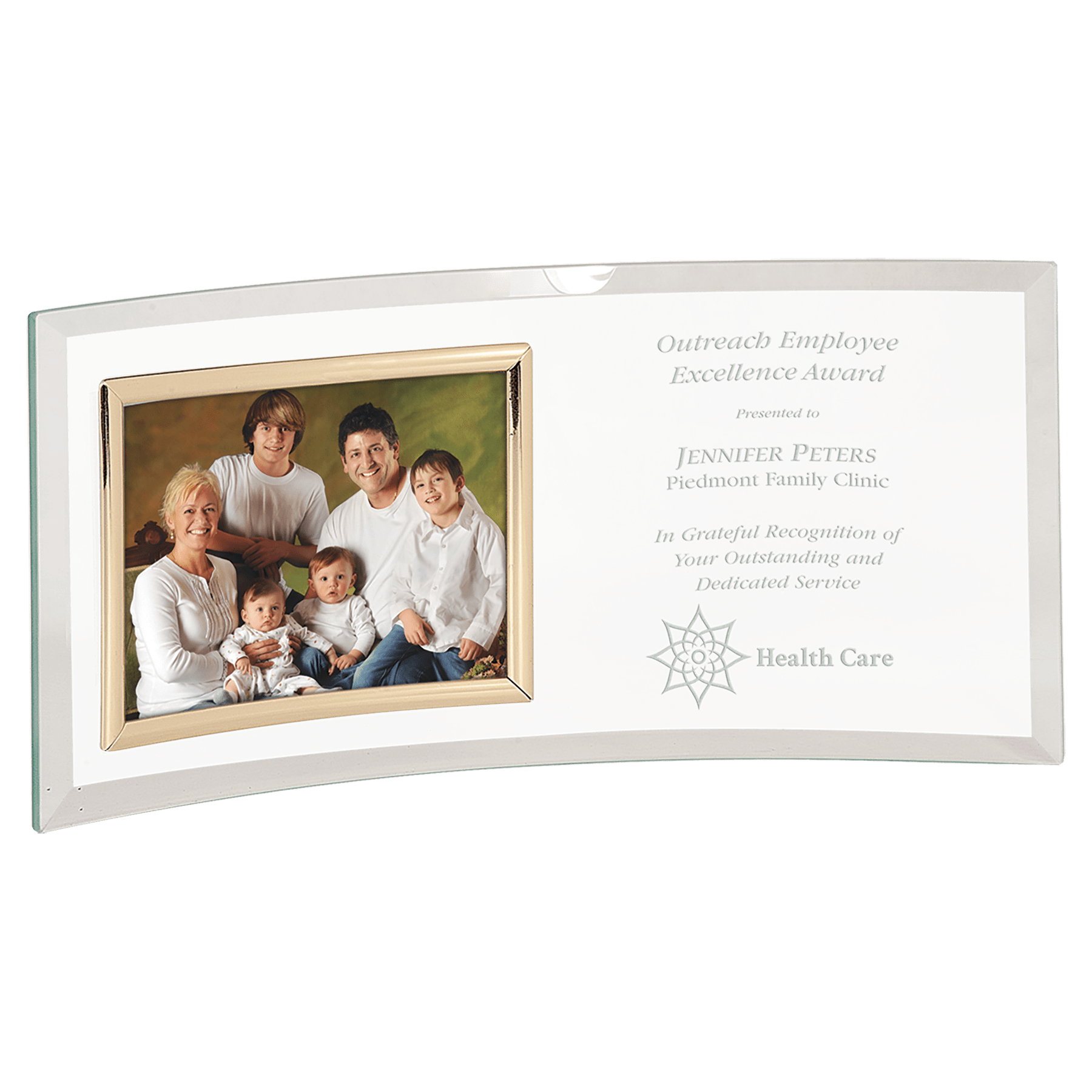12" x 5 1/2" Jade Glass Crescent with 5" x 3 1/2" Picture Frame crystal award laser engravable