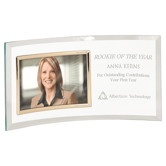 12 3/4" x 6 1/2" Jade Glass Crescent with 6" x 4" Picture Frame crystal award laser engravable