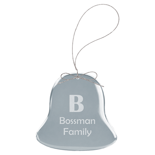3" Clear Bell Glass Ornament with Silver String glass award laser engravable
