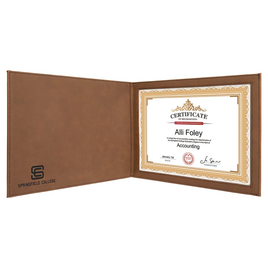 Dark Brown 9" x 12" laser engravable leatherette certificate holder personalized gift
