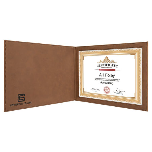 Dark Brown 9" x 12" laser engravable leatherette certificate holder personalized gift