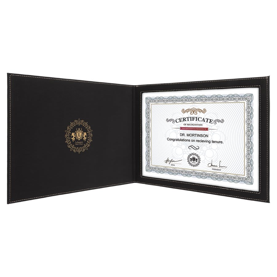 Black/Gold 9" x 12" laser engravable leatherette certificate holder personalized gift
