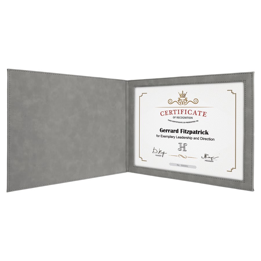 Gray 9" x 12" laser engravable leatherette certificate holder personalized gift