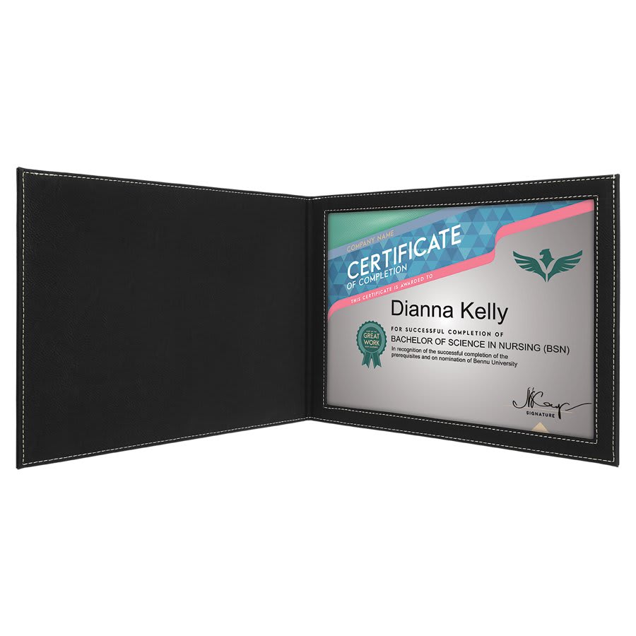 Black/Silver 9" x 12" laser engravable leatherette certificate holder personalized gift