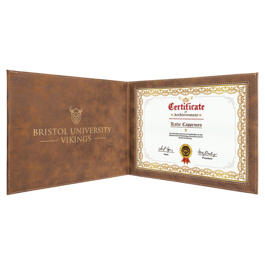 Rustic/Gold 9" x 12" laser engravable leatherette certificate holder personalized gift