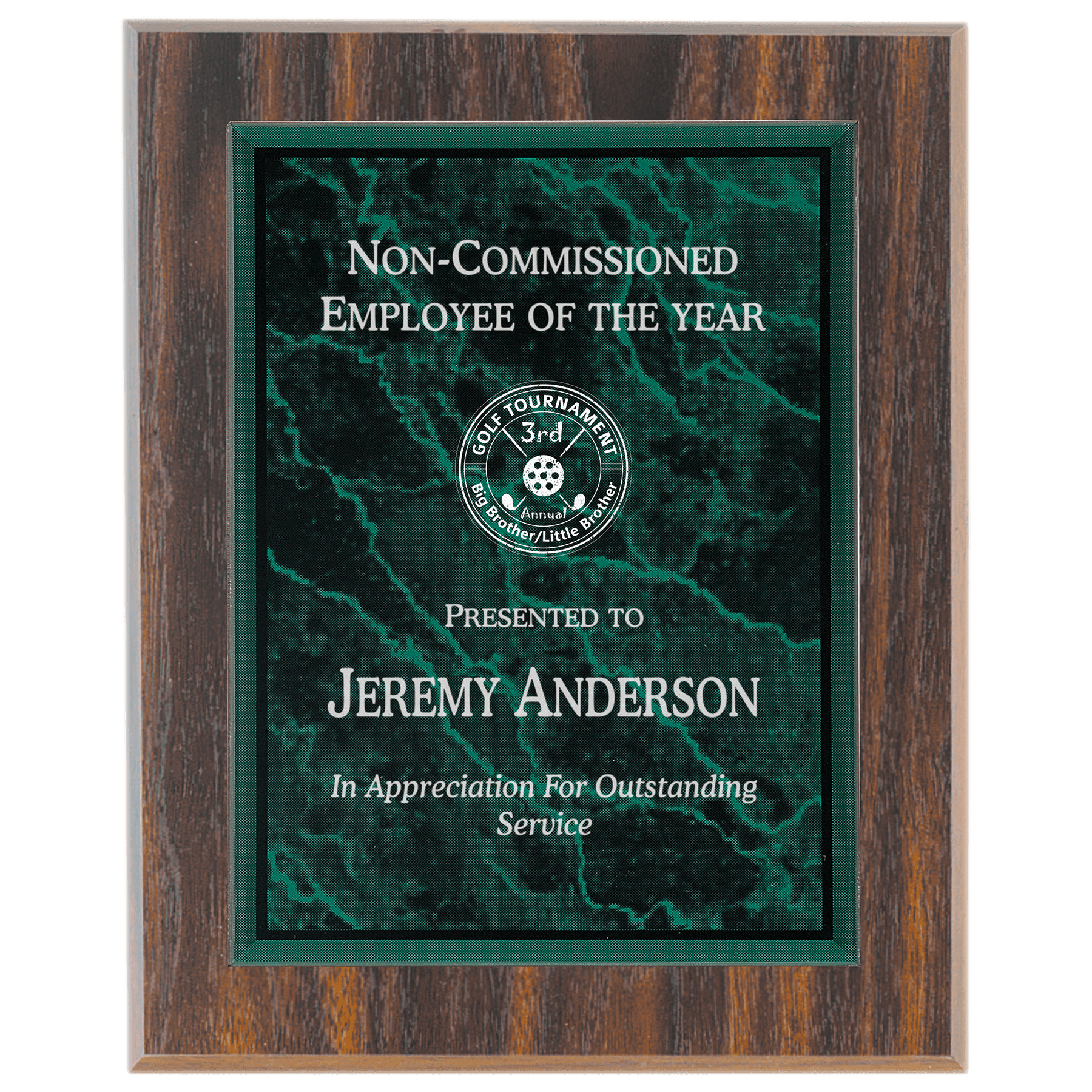 Small Walnut Finish Plaque with Green Marble Acrylic Plaque Plate
