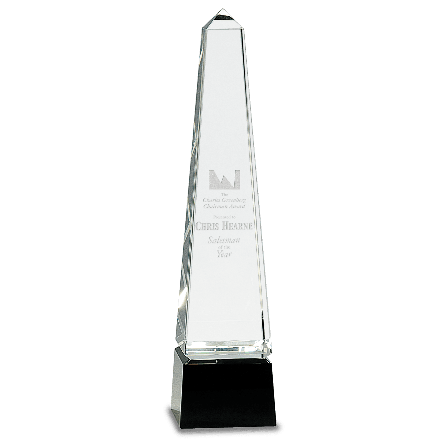 12" Obelisk Crystal on Black Pedestal Base crystal award laser engravable