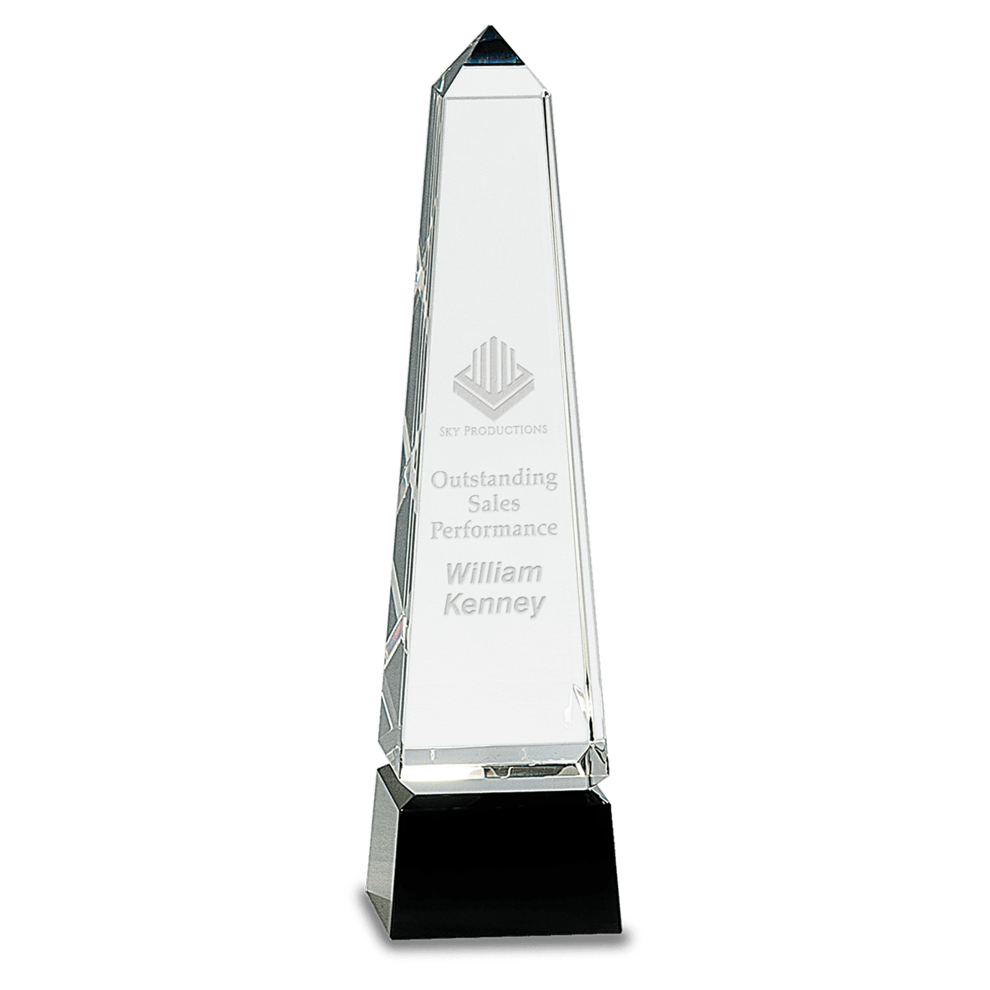 10" Obelisk Crystal on Black Pedestal Base crystal award laser engravable