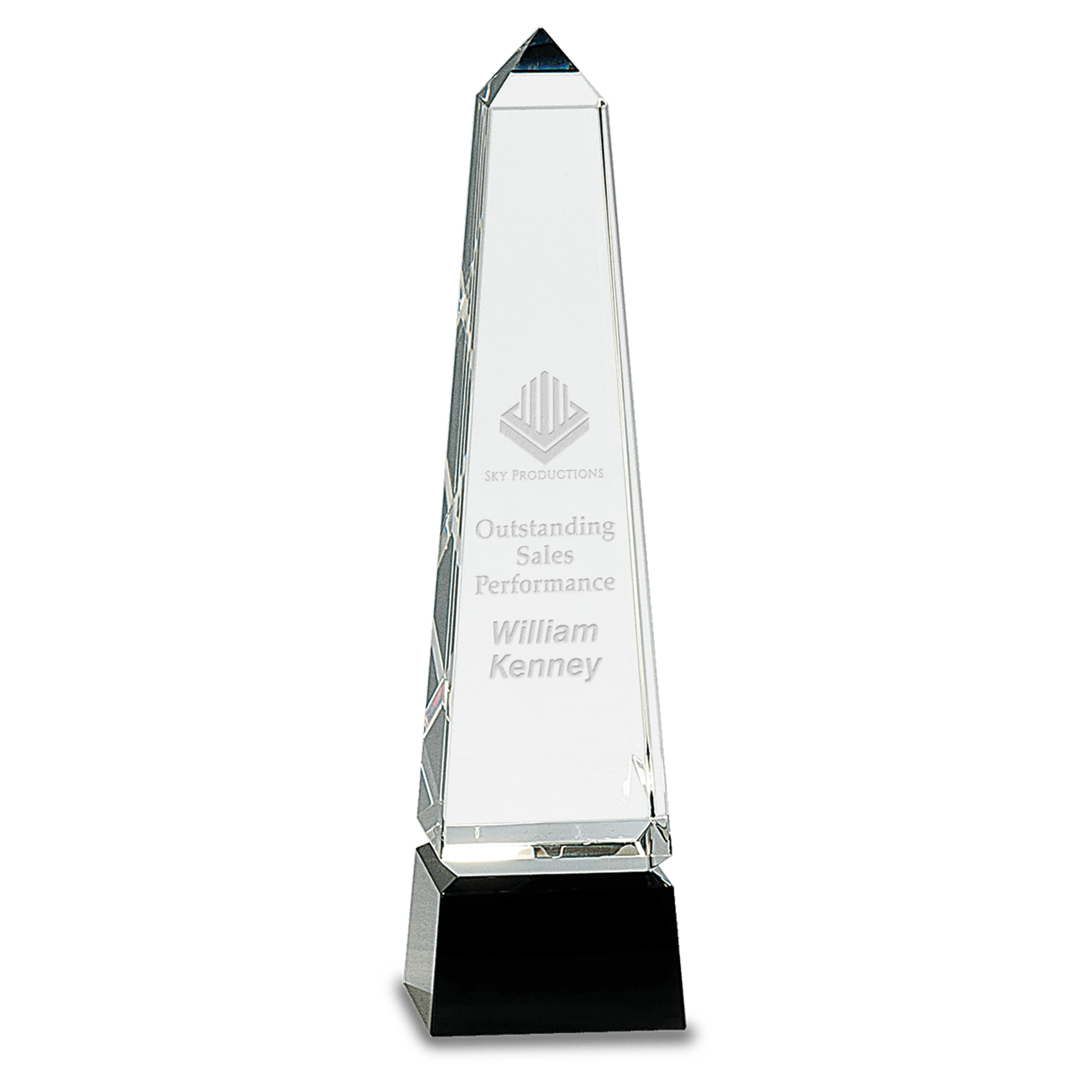 10" Obelisk Crystal on Black Pedestal Base crystal award laser engravable