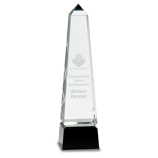 10" Obelisk Crystal on Black Pedestal Base crystal award laser engravable