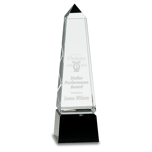 8" Obelisk Crystal on Black Pedestal Base crystal award laser engravable