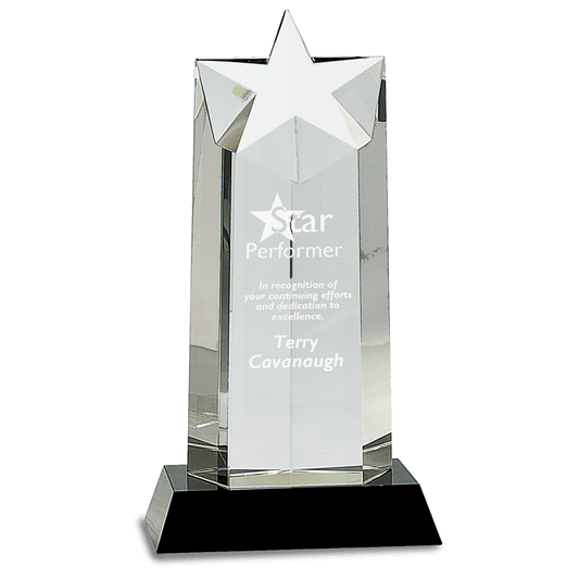 10" Crystal Star Column on Black Pedestal Base crystal award laser engravable