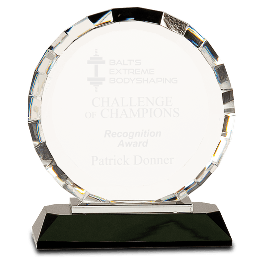 6 1/2" Clear Crystal Round with Rectangle Facets on Black Crystal Base crystal award laser engravable