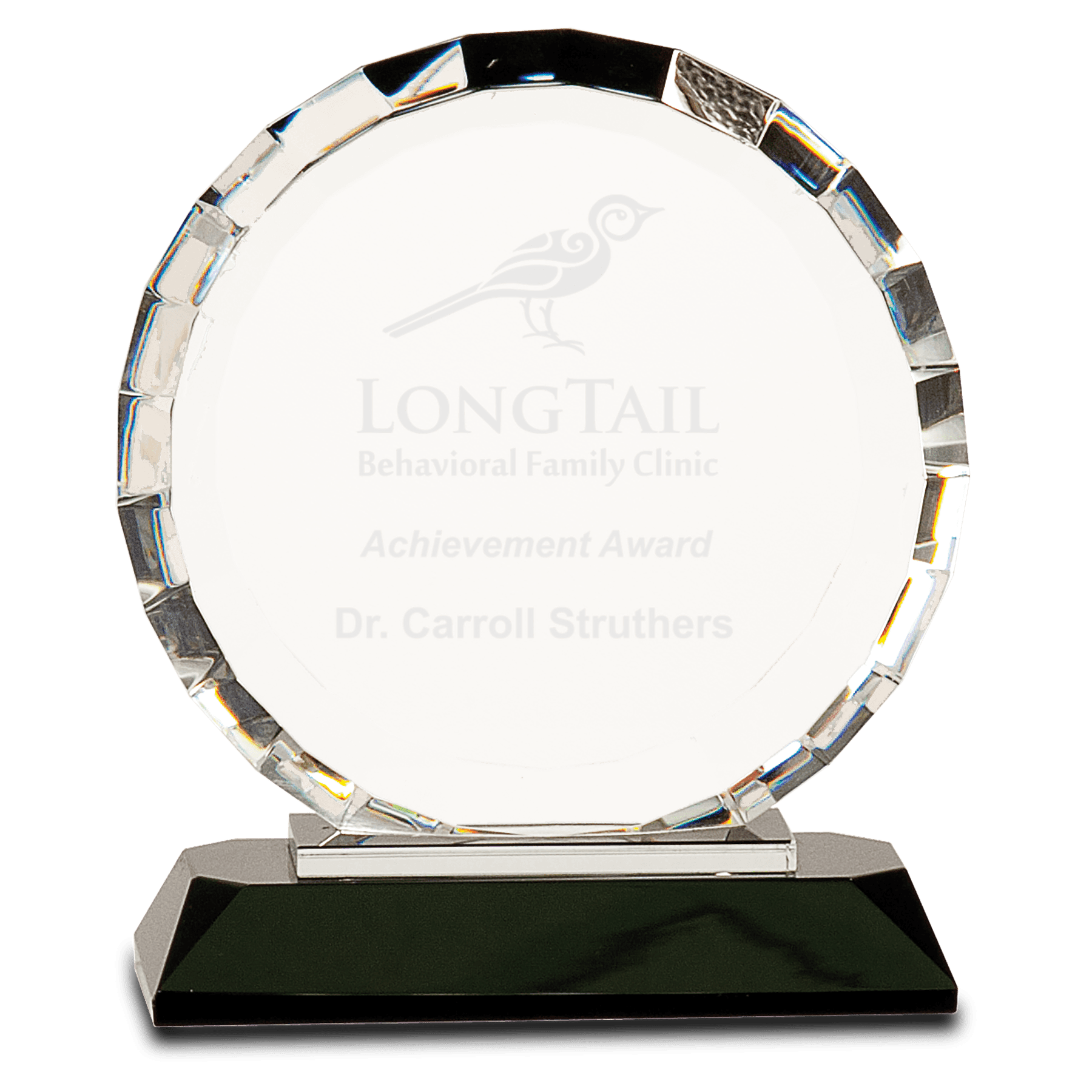 6" Clear Crystal Round with Rectangle Facets on Black Crystal Base crystal award laser engravable