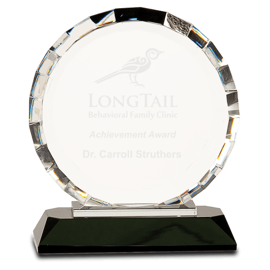6" Clear Crystal Round with Rectangle Facets on Black Crystal Base crystal award laser engravable