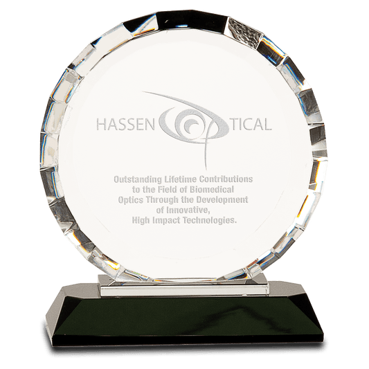 5 1/2" Clear Crystal Round with Rectangle Facets on Black Crystal Base crystal award laser engravable