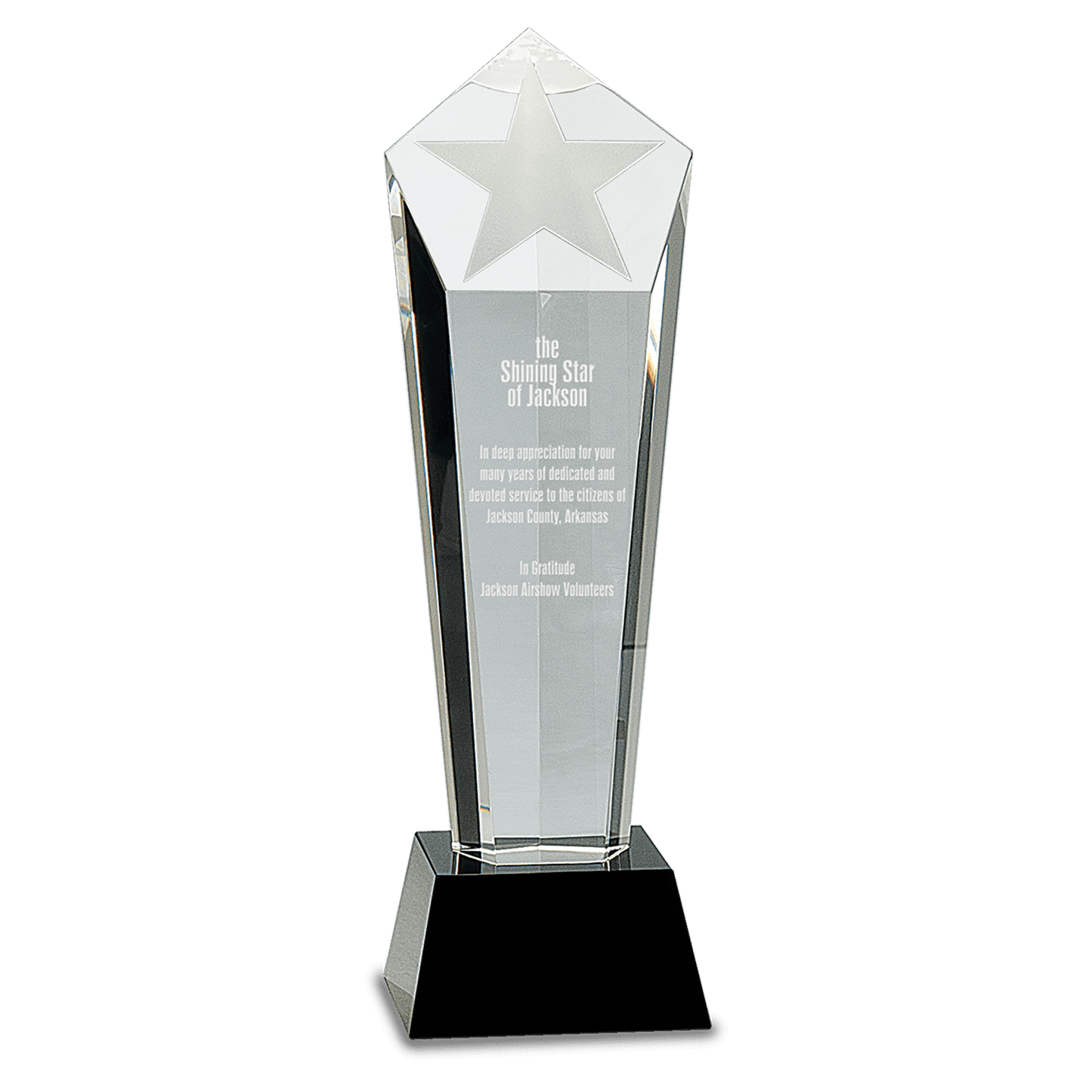 11 3/4" Crystal Frosted Star Column on Black Pedestal Base crystal award laser engravable