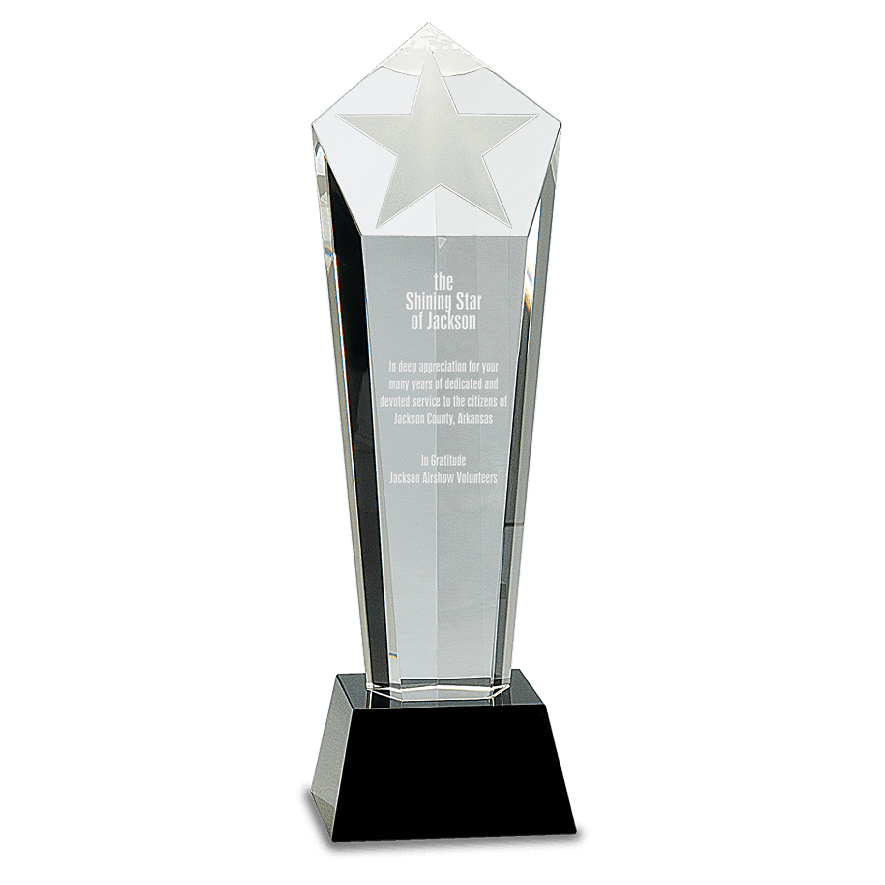 11 3/4" Crystal Frosted Star Column on Black Pedestal Base crystal award laser engravable