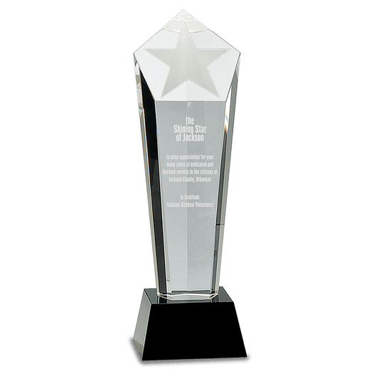 11 3/4" Crystal Frosted Star Column on Black Pedestal Base crystal award laser engravable