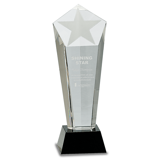 10 1/2" Crystal Frosted Star Column on Black Pedestal Base crystal award laser engravable
