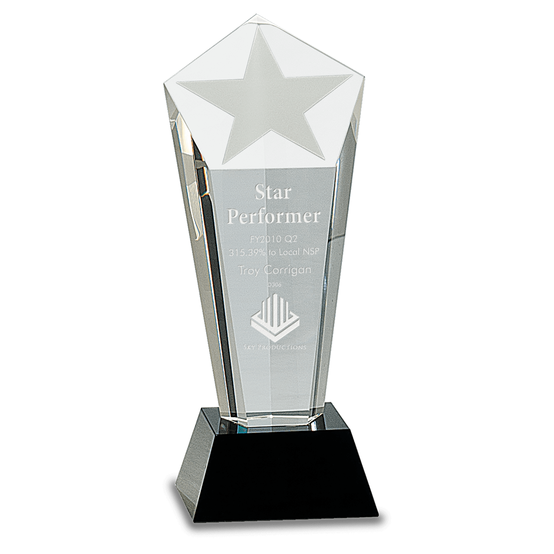 8 3/4" Crystal Frosted Star Column on Black Pedestal Base crystal award laser engravable