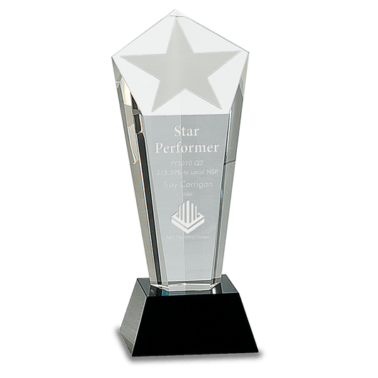 8 3/4" Crystal Frosted Star Column on Black Pedestal Base crystal award laser engravable