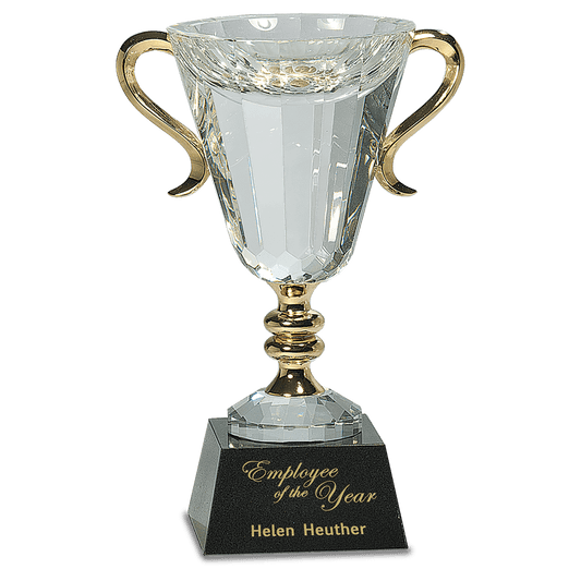 10" Crystal Cup with Gold Handles and Stem crystal award laser engravable