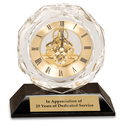 5 3/4" Clear Crystal Clock on Black Pedestal Base crystal award laser engravable