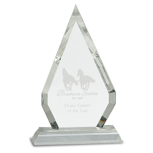 8 1/2" Crystal Diamond on Clear Pedestal Base crystal award laser engravable