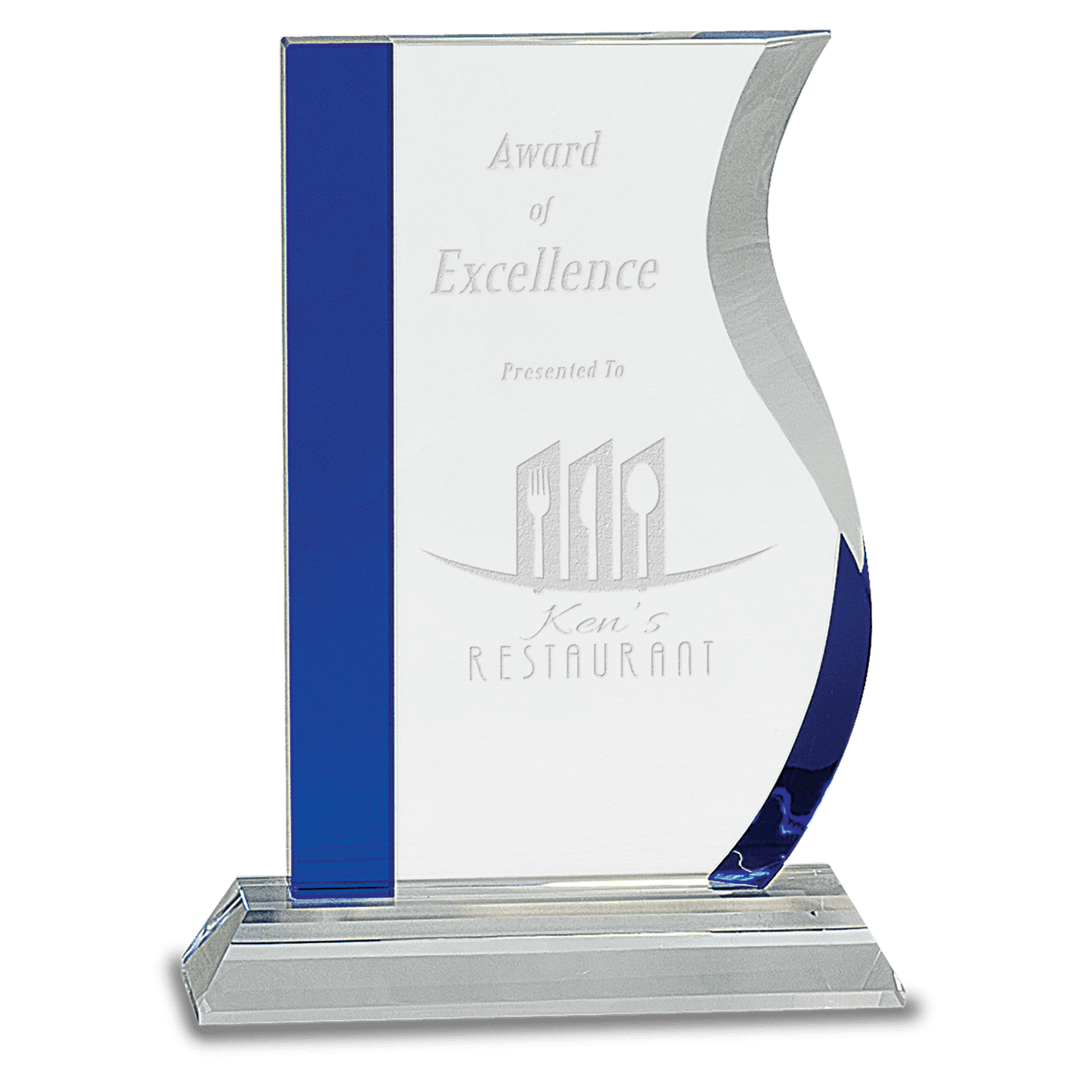 7 1/4" Blue Edge Crystal Wave on Clear Base crystal award laser engravable