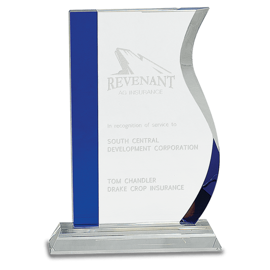 8 1/4" Blue Edge Crystal Wave on Clear Base crystal award laser engravable