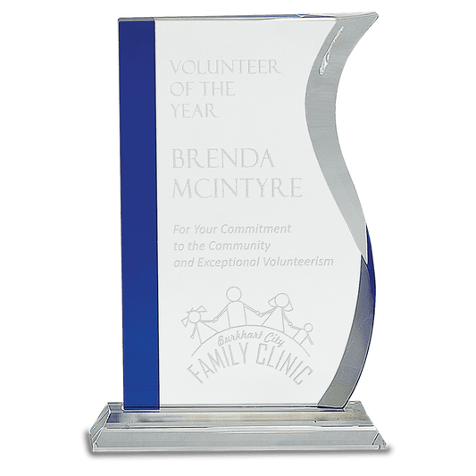 9 3/4" Blue Edge Crystal Wave on Clear Base crystal award laser engravable