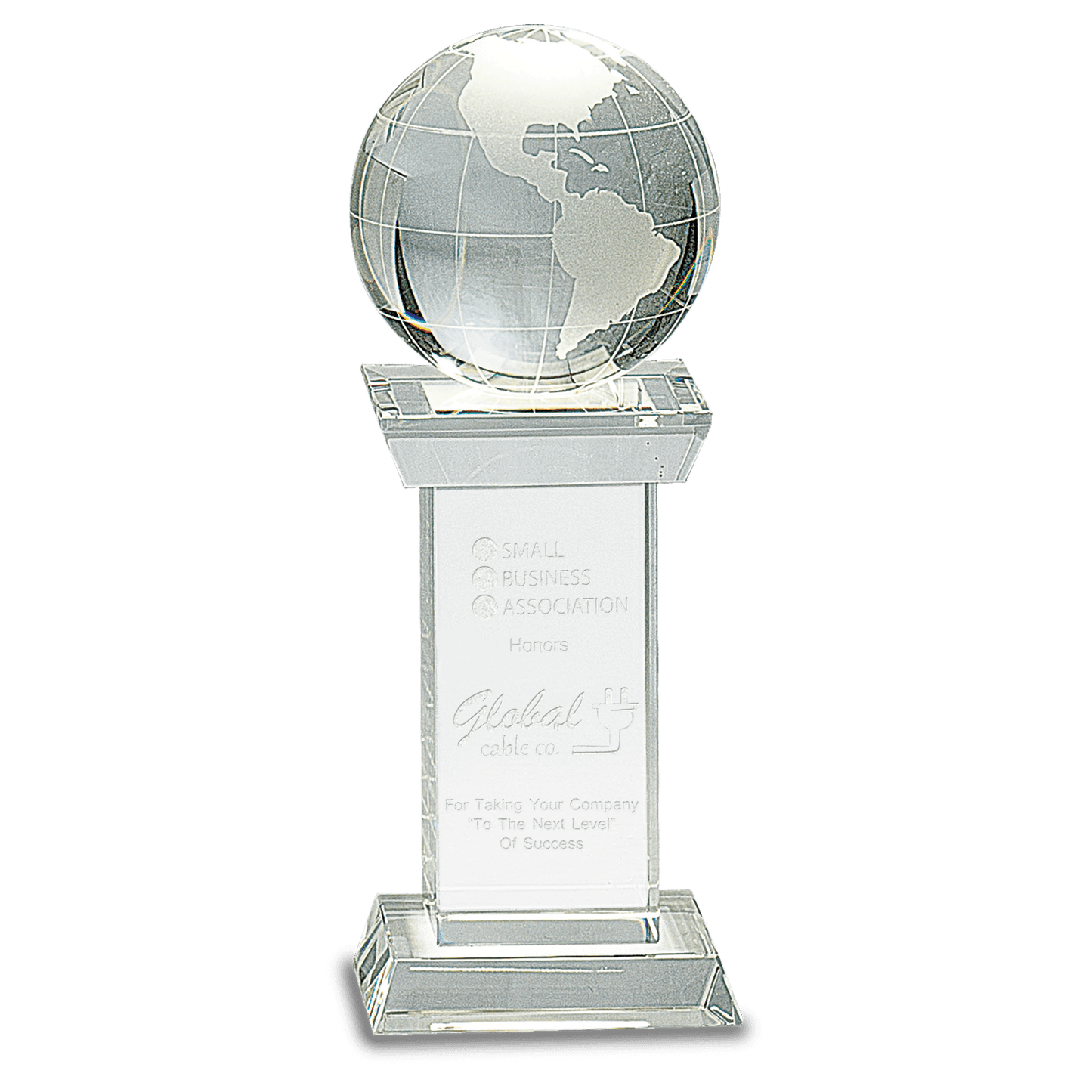 8" Crystal Globe on Clear Tower crystal award laser engravable