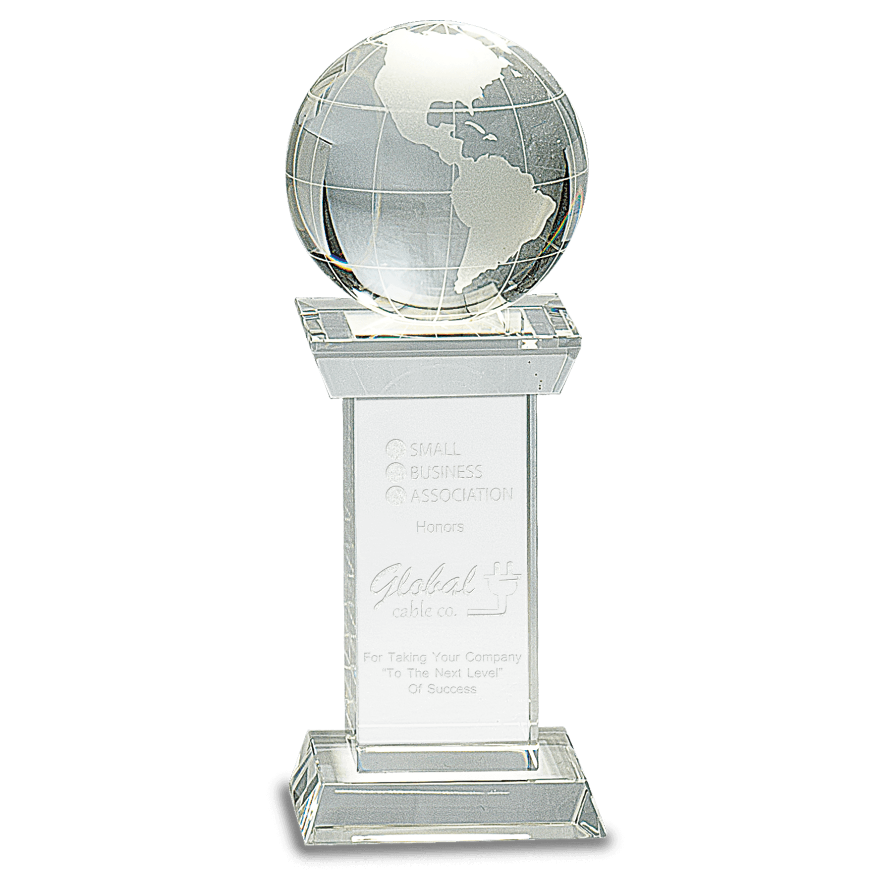 8" Crystal Globe on Clear Tower crystal award laser engravable
