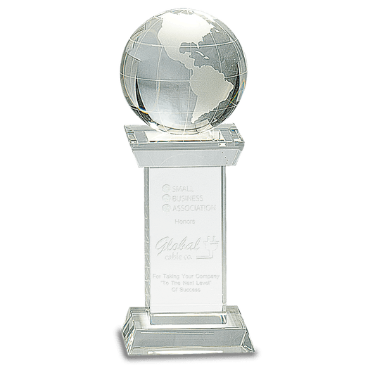 8" Crystal Globe on Clear Tower crystal award laser engravable