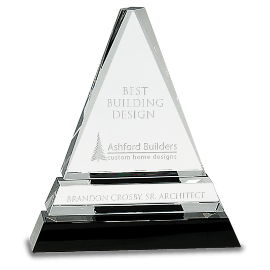 6 1/2" Clear Crystal Triangle on Black Crystal Pedestal Base crystal award laser engravable