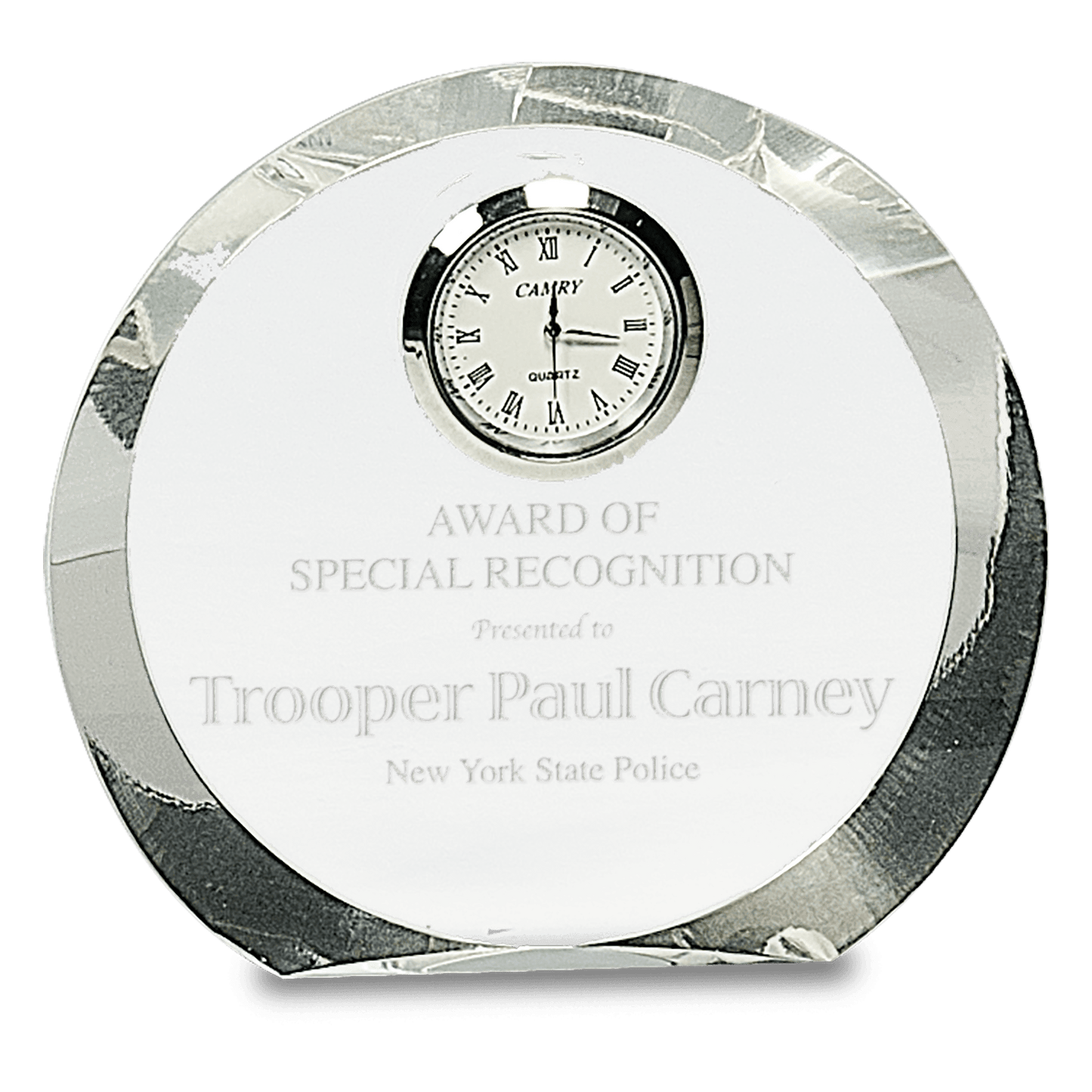 4 1/2" Clear Crystal Round with Clock crystal award laser engravable