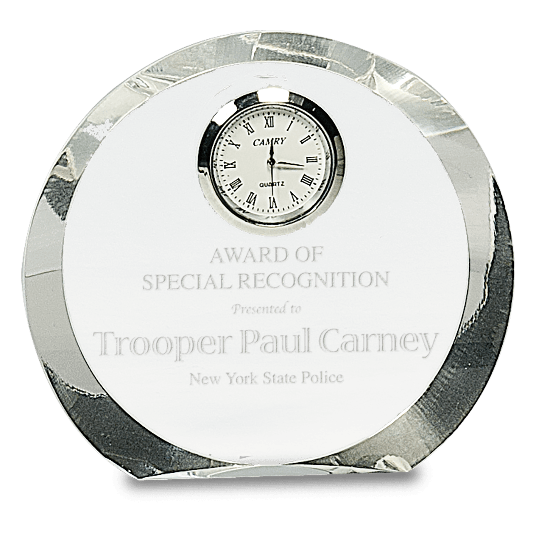 4 1/2" Clear Crystal Round with Clock crystal award laser engravable