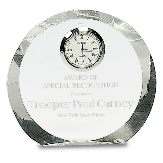 4 1/2" Clear Crystal Round with Clock crystal award laser engravable