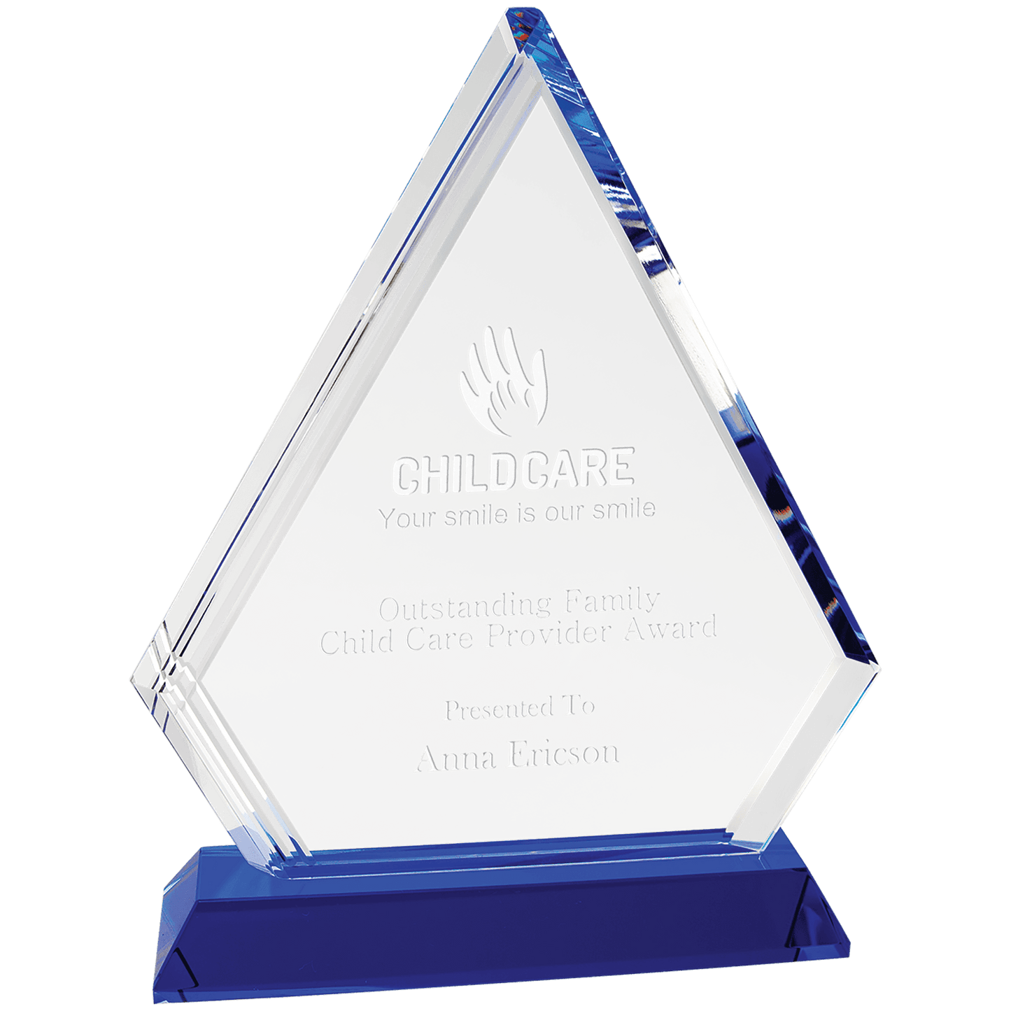 8 3/4" Crystal Diamond on Blue Pedestal Base crystal award laser engravable