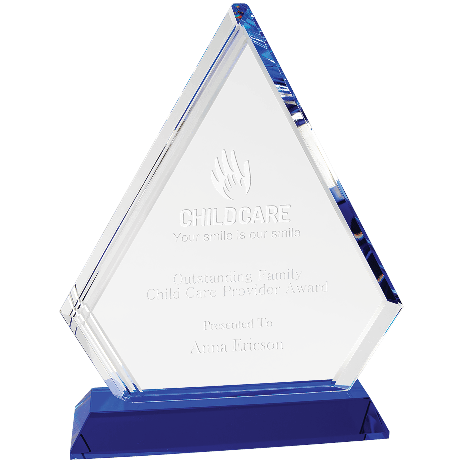 8 3/4" Crystal Diamond on Blue Pedestal Base crystal award laser engravable