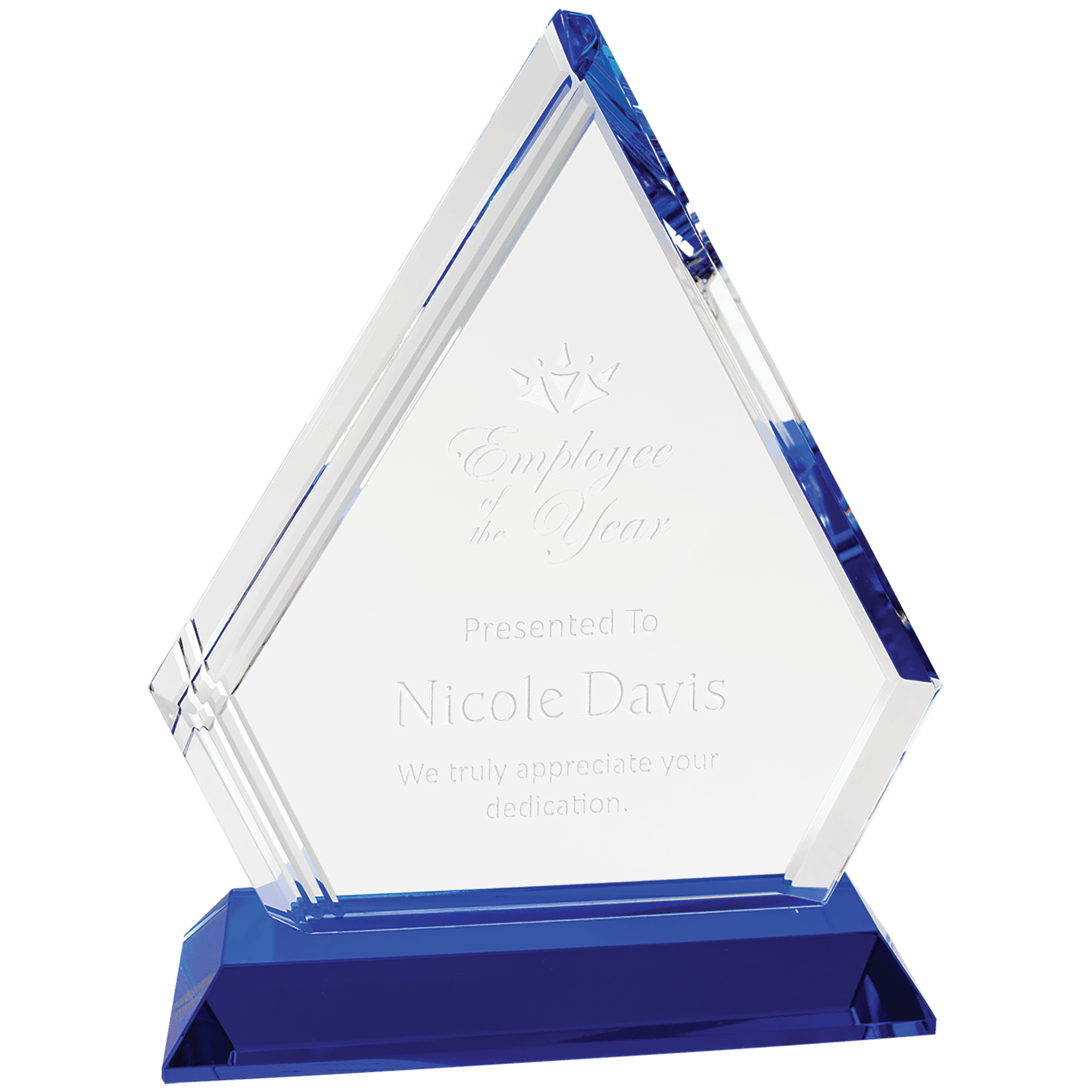 7 3/4" Crystal Diamond on Blue Pedestal Base crystal award laser engravable