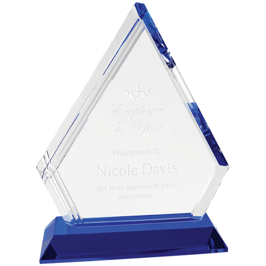 7 3/4" Crystal Diamond on Blue Pedestal Base crystal award laser engravable