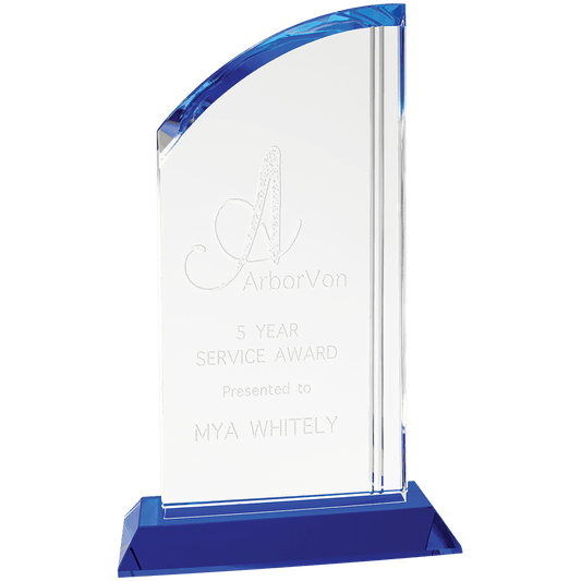 10 1/2" Crystal Arch with Blue Base crystal award laser engravable